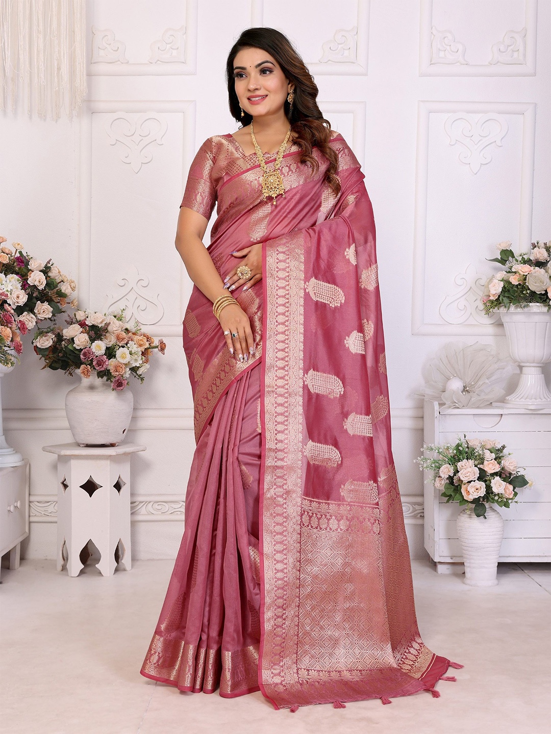 

Moda Rapido Woven Design Zari Organza Banarasi Saree, Pink