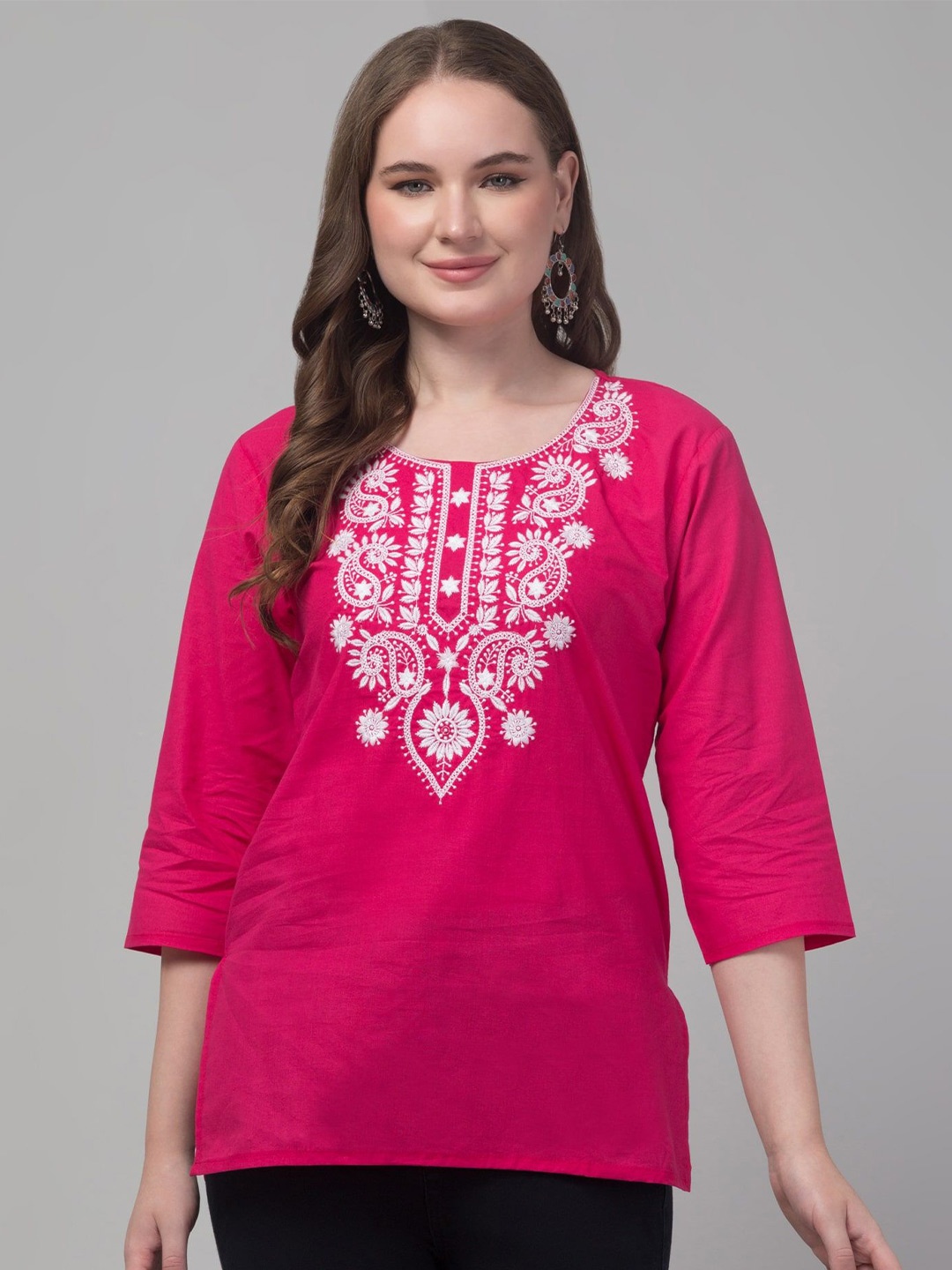 

FAMBEE Paisley Embroidered Thread Work Pure Cotton Thread Work Kurti, Pink