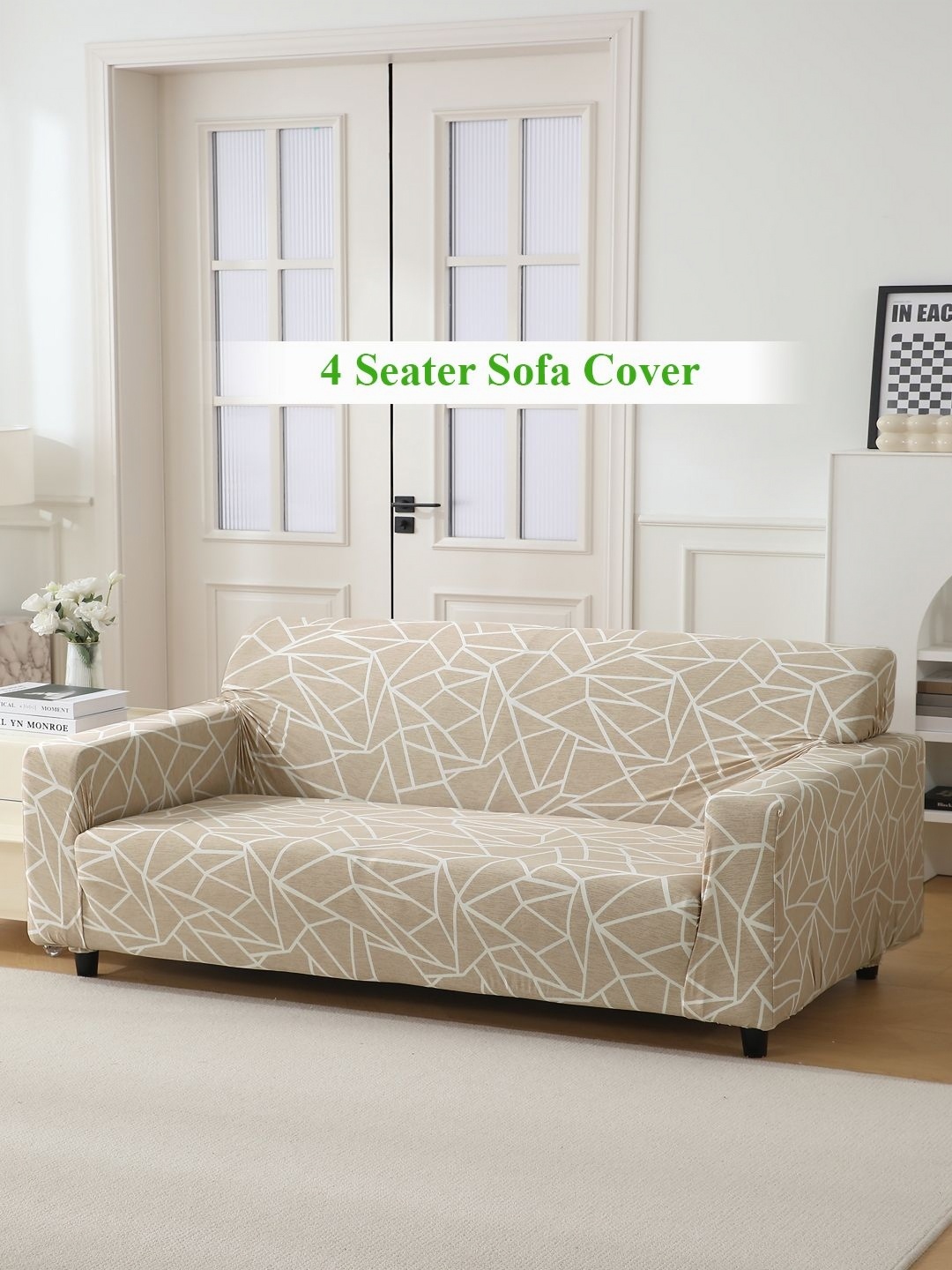 

HOKIPO Beige & White Abstract Printed 140 GSM 4 Seater Stretchable Sofa Cover With Arms