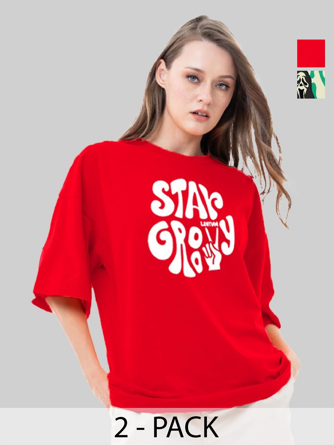 

Leotude Women Pack Of 2 Typography Printed Round Neck Cotton Oversized T-shirts, Red