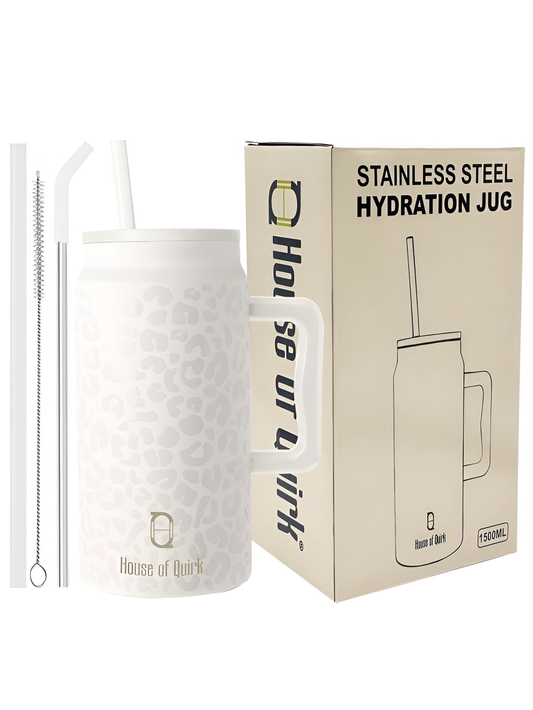 

HOUSE OF QUIRK White Stainless Steel Printed Mug Tumbler With Handle & 2 Straw Lid 1500ml