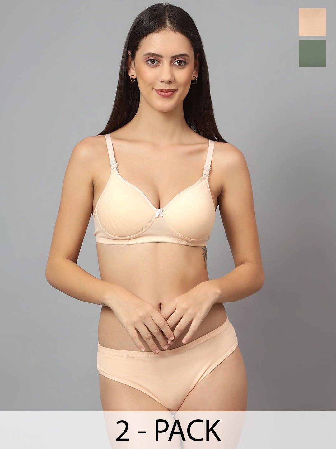 

Designer Bugs Pack Of 2 Cotton Non Padded Non Wired Lingerie Set NPLS-O-PH-30B, Olive