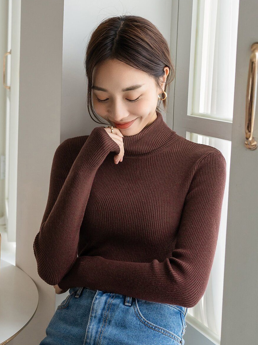 

Moda Rapido Women Turtle Neck Cut Outs Slim Fit T-shirt, Brown