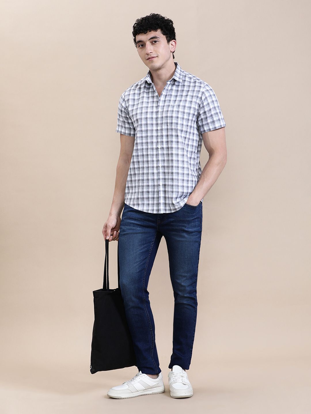 

Crocodile Men Checkered Half Sleeve Shirt, White