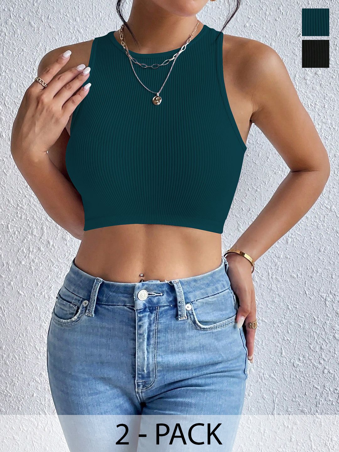 

KERI PERRY Women Pack Of 2 Sleeveless Lycra Crop Tops, Black