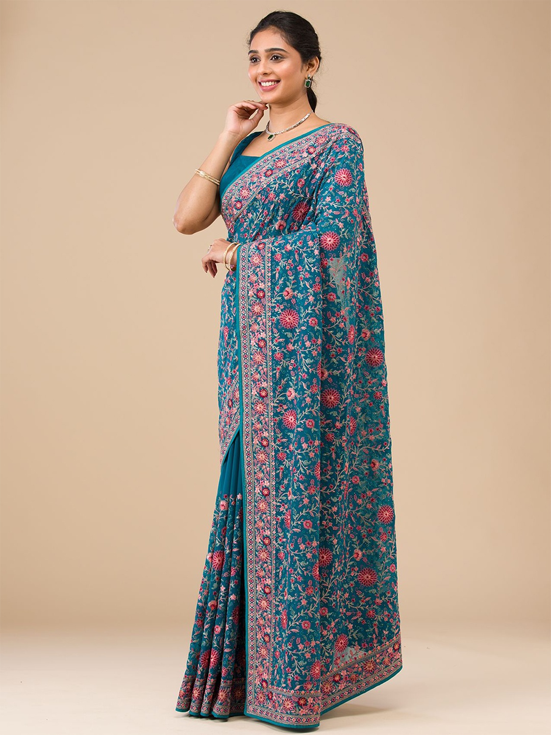 

Koskii Floral Embroidered Saree, Turquoise blue