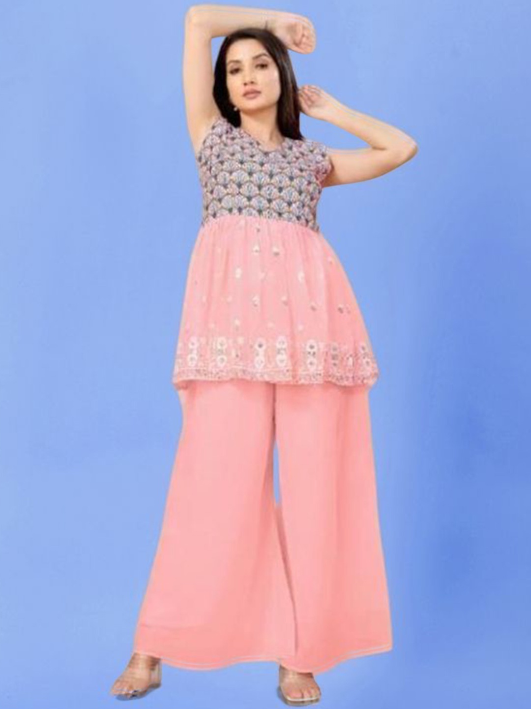

PARROT CREATION Floral Embroidered Georgette Anarkali Kurti With Sharara, Pink
