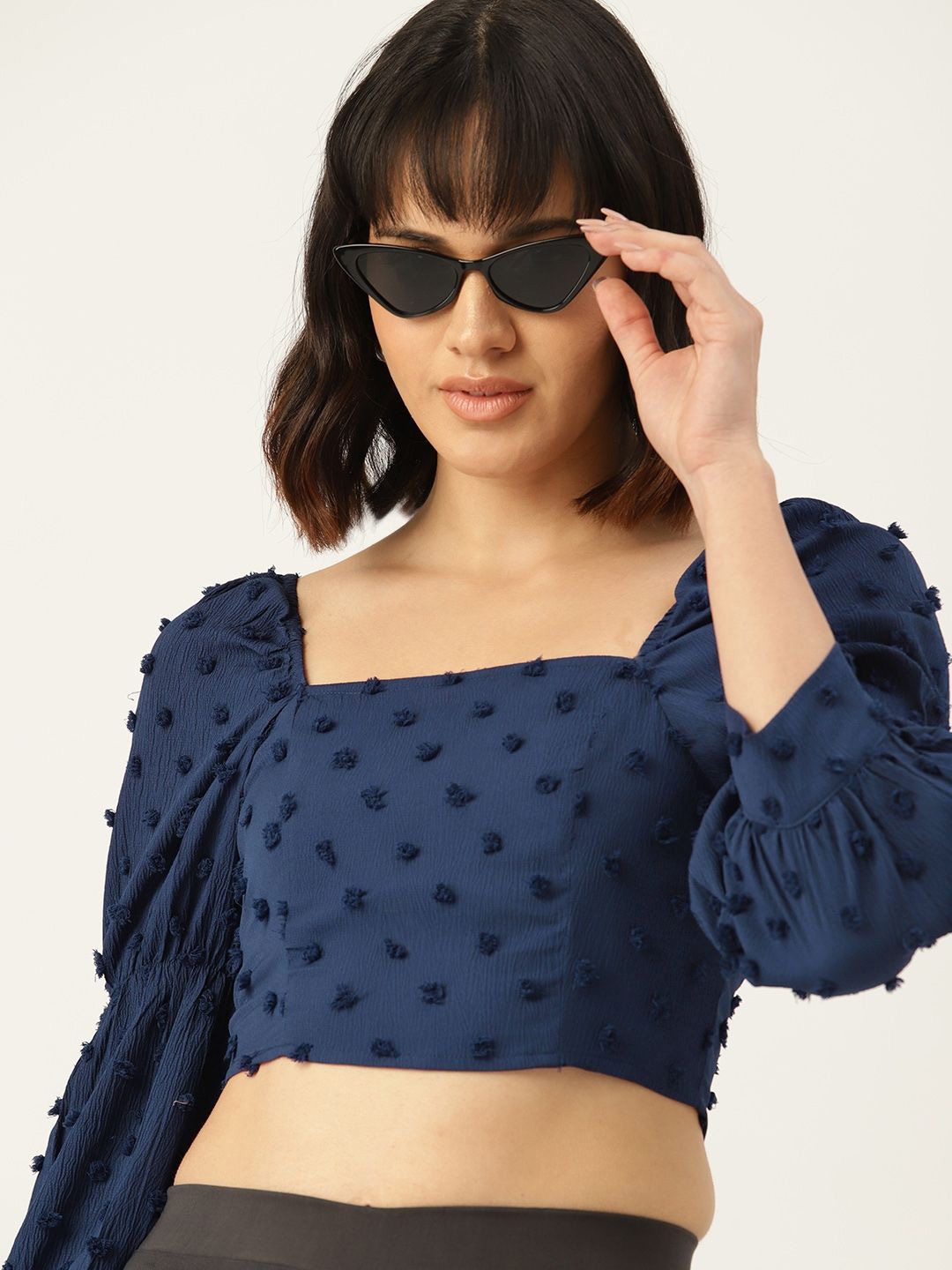 

DressBerry Self Design Puff Sleeve Blouson Crop Top, Blue