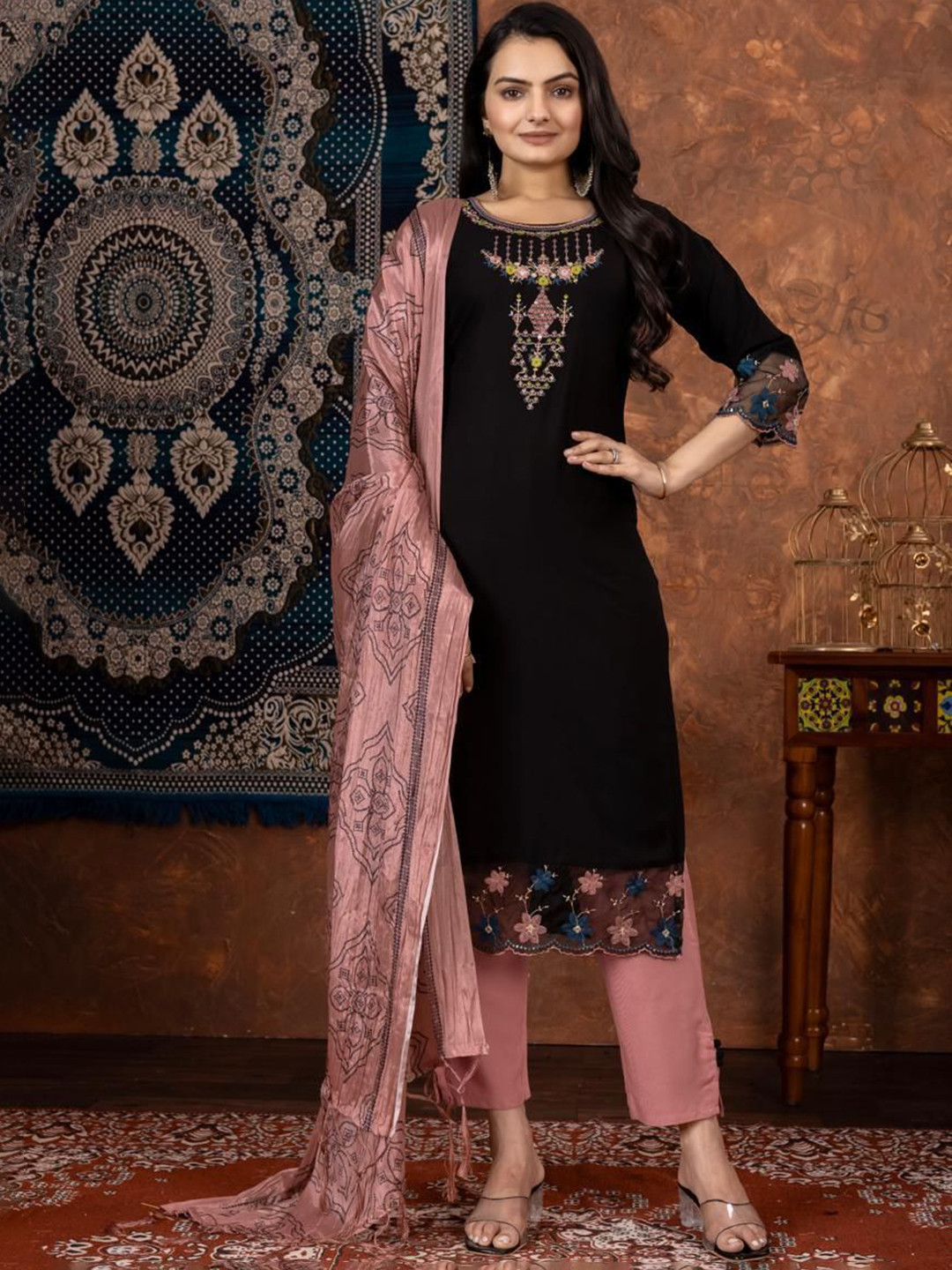 

FVD Floral Embroidered Round Neck Straight Kurta With Trousers & Dupatta, Black