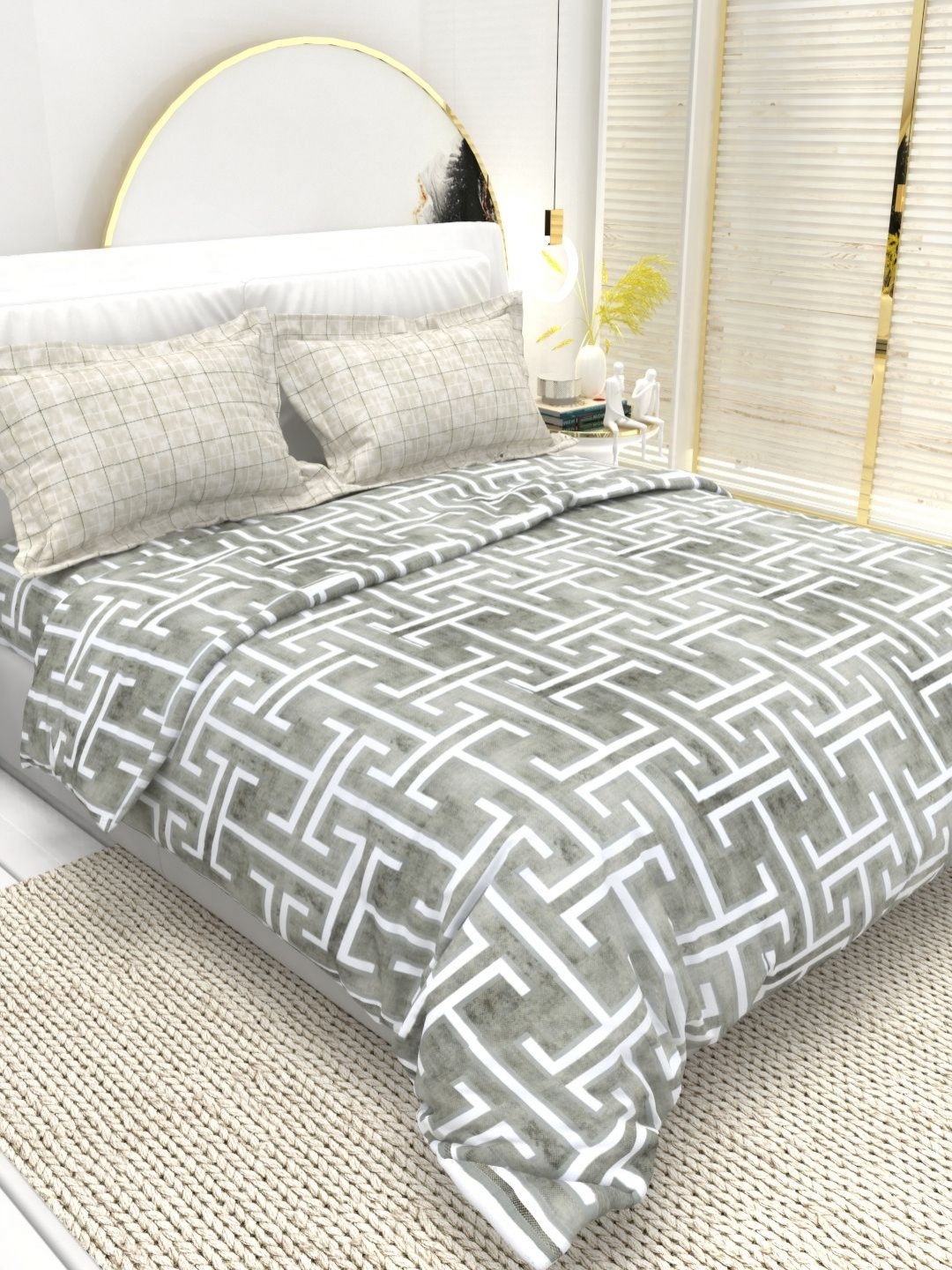 

THE WHITE MOSS Florence Grey Printed Pure Cotton 220 TC Queen Bedsheet Set 2.25 m x 2.55 m