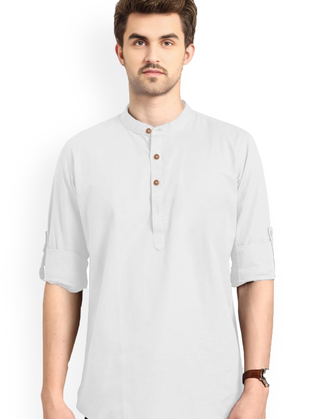 

Vida Loca Band Collar Cotton Slim Fit Straight Short Kurta, White