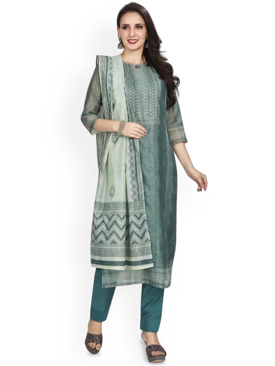 

Nioni Geometric Printed Chanderi Silk Straight Kurta With Trousers And Dupatta, Green