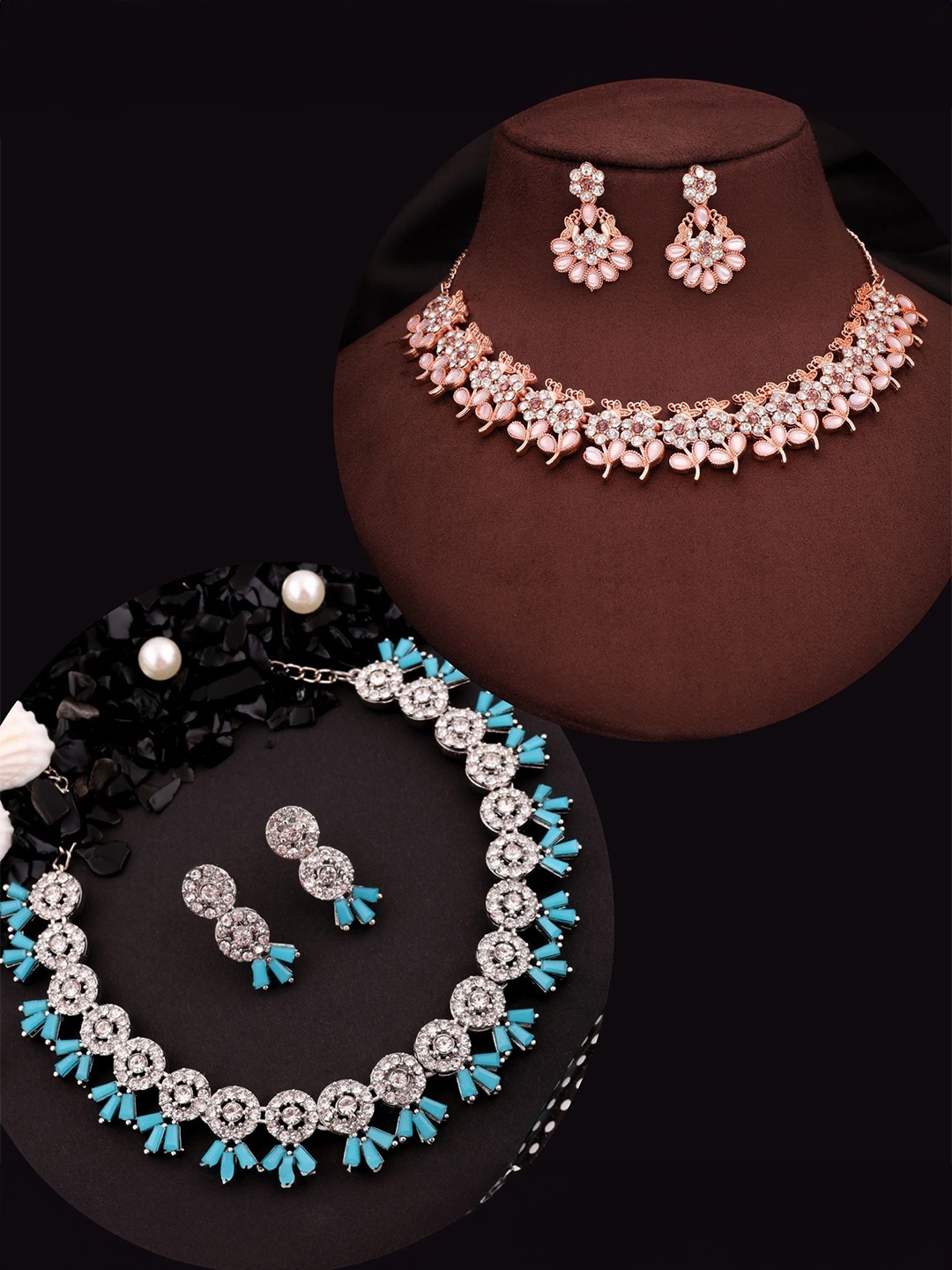 

DIVASTRI Set Of 2 Rose Gold & Silver-Plated American Diamonds Studded Jewellery Set