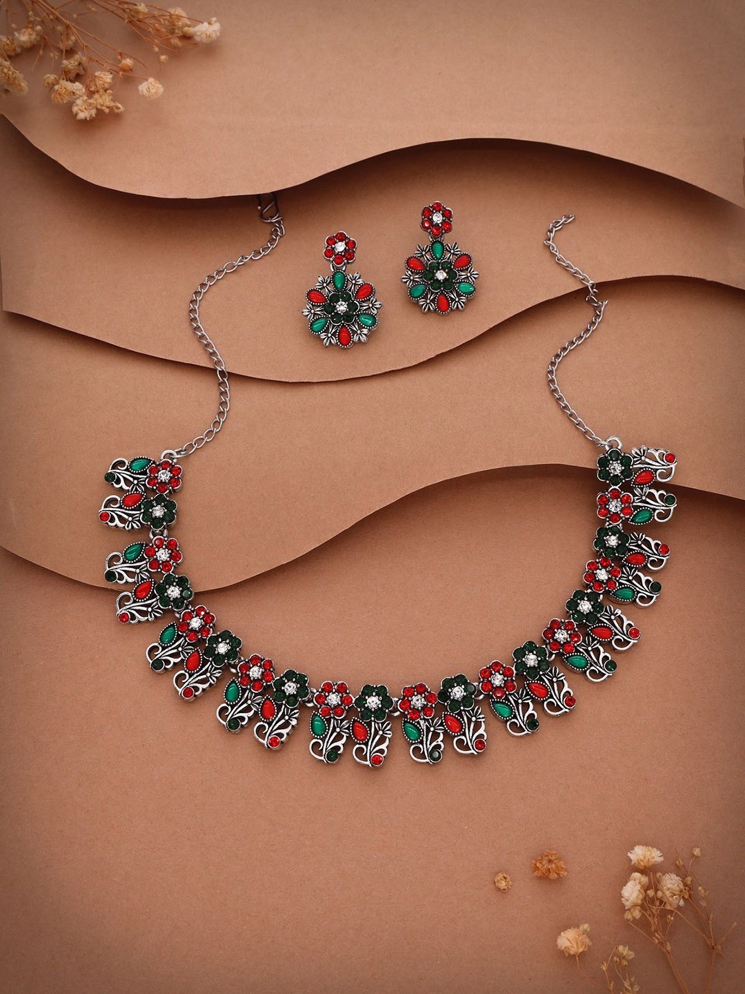 

Anouk Silver-Plated Artificial Stones Studded Nacklace With Earrings