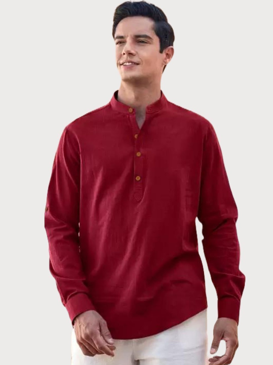 

LIFE ROADS Mandarin Collar Cotton Straight Short Kurta, Maroon