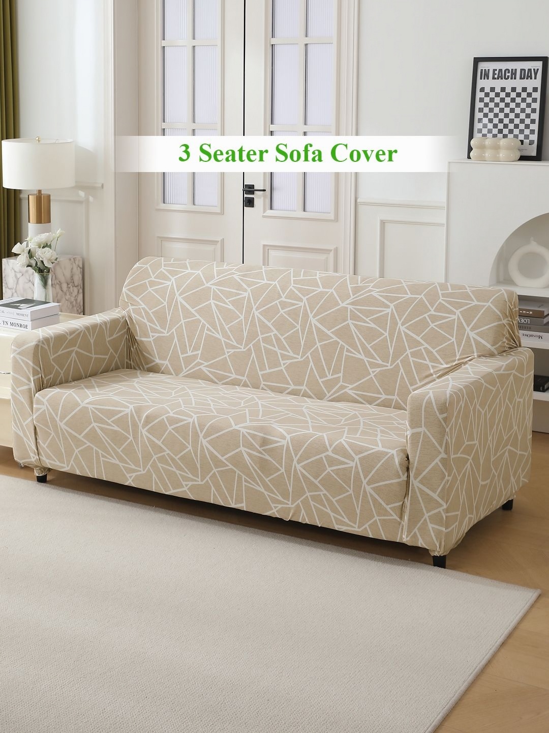 

HOKIPO Beige & White Printed Polyester Sofa Cover With Arms