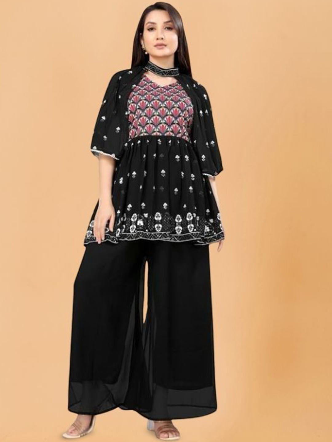 

PARROT CREATION Floral Embroidered V-Neck Georgette A-Line Kurti With Palazzos And Cape, Black