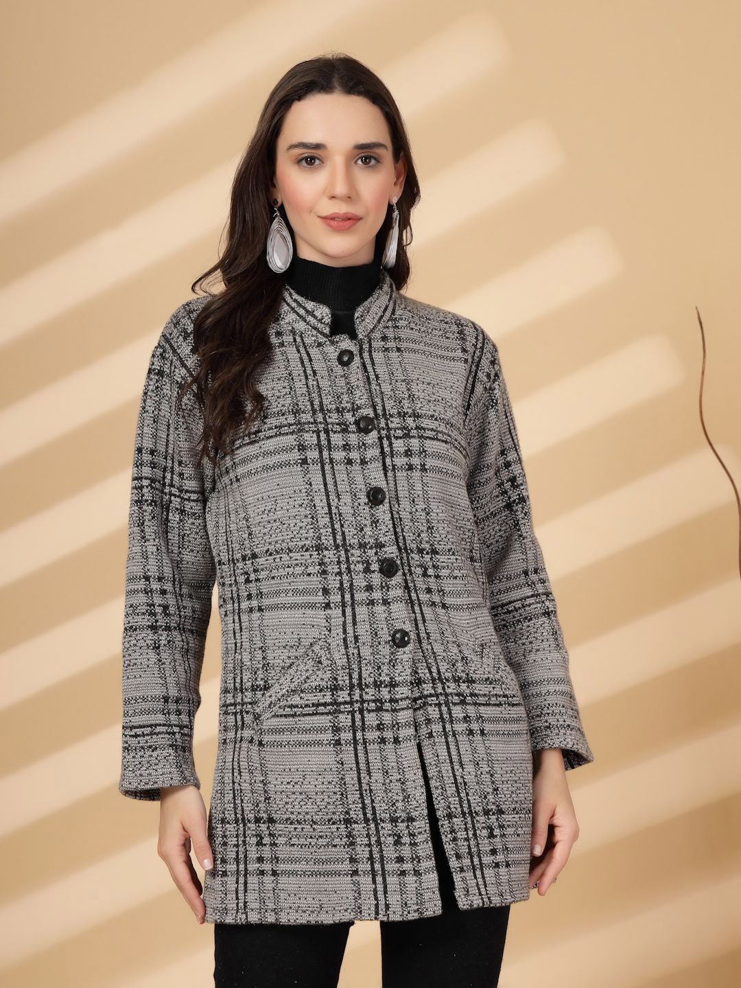 

Moda Rapido Geometric Checked Mandarin Collar Woollen Longline Top, Grey