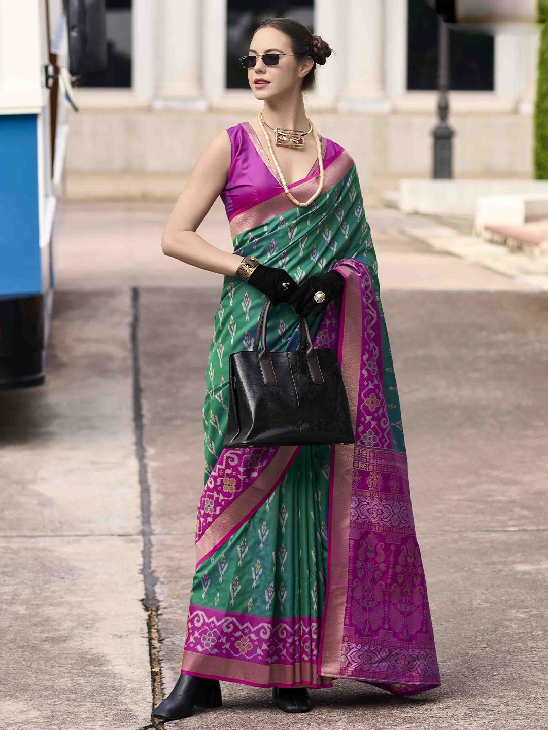 

Mitera Woven Design Zari Silk Blend Saree, Green