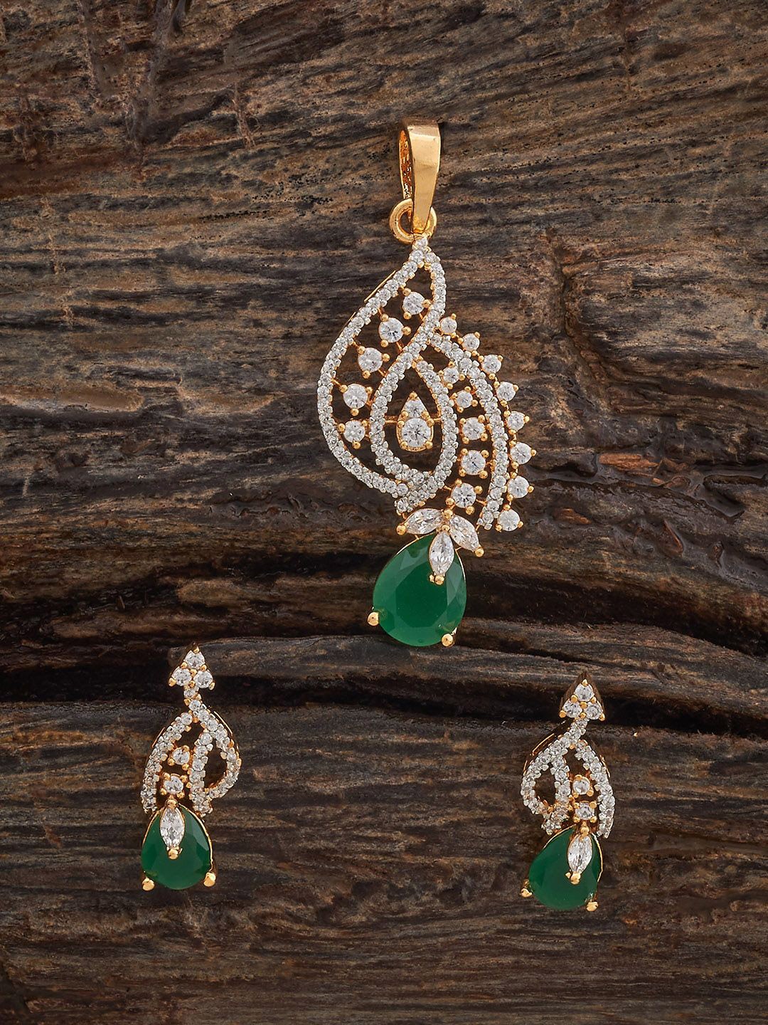 

Kushal's Fashion Jewellery Green Rhodium Gold-Plated Party Zircon Pendant Set