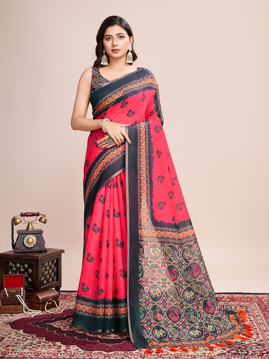 

Mitera Linen Blend Designer Ikat Saree, Red