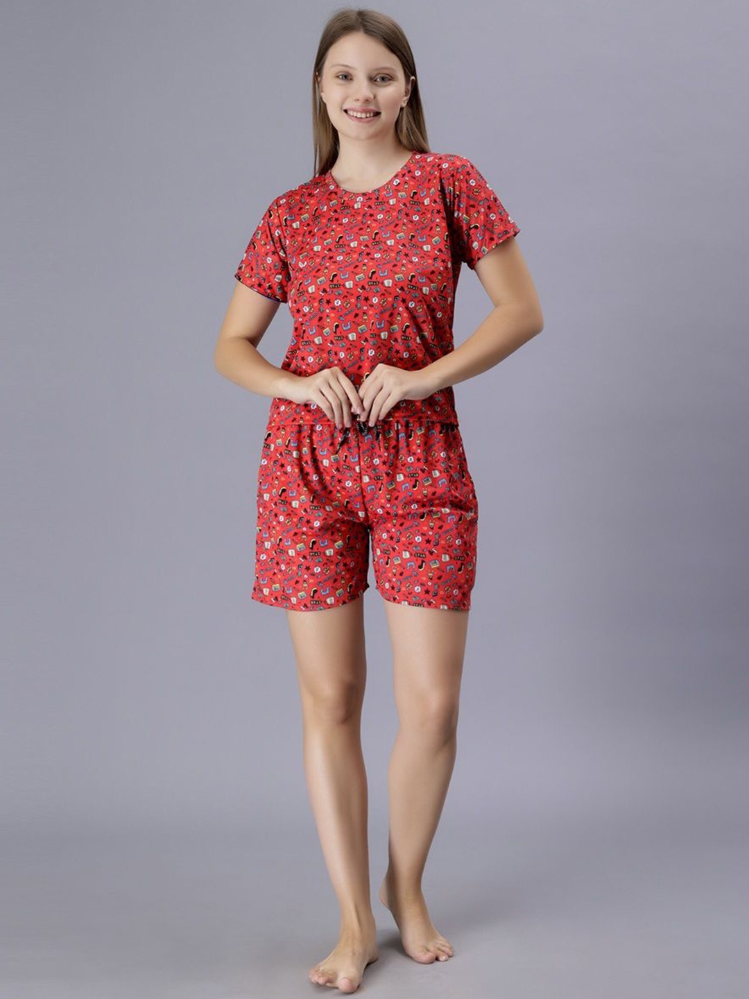 

XPIOX Printed T-shirt & Shorts Night suit, Red