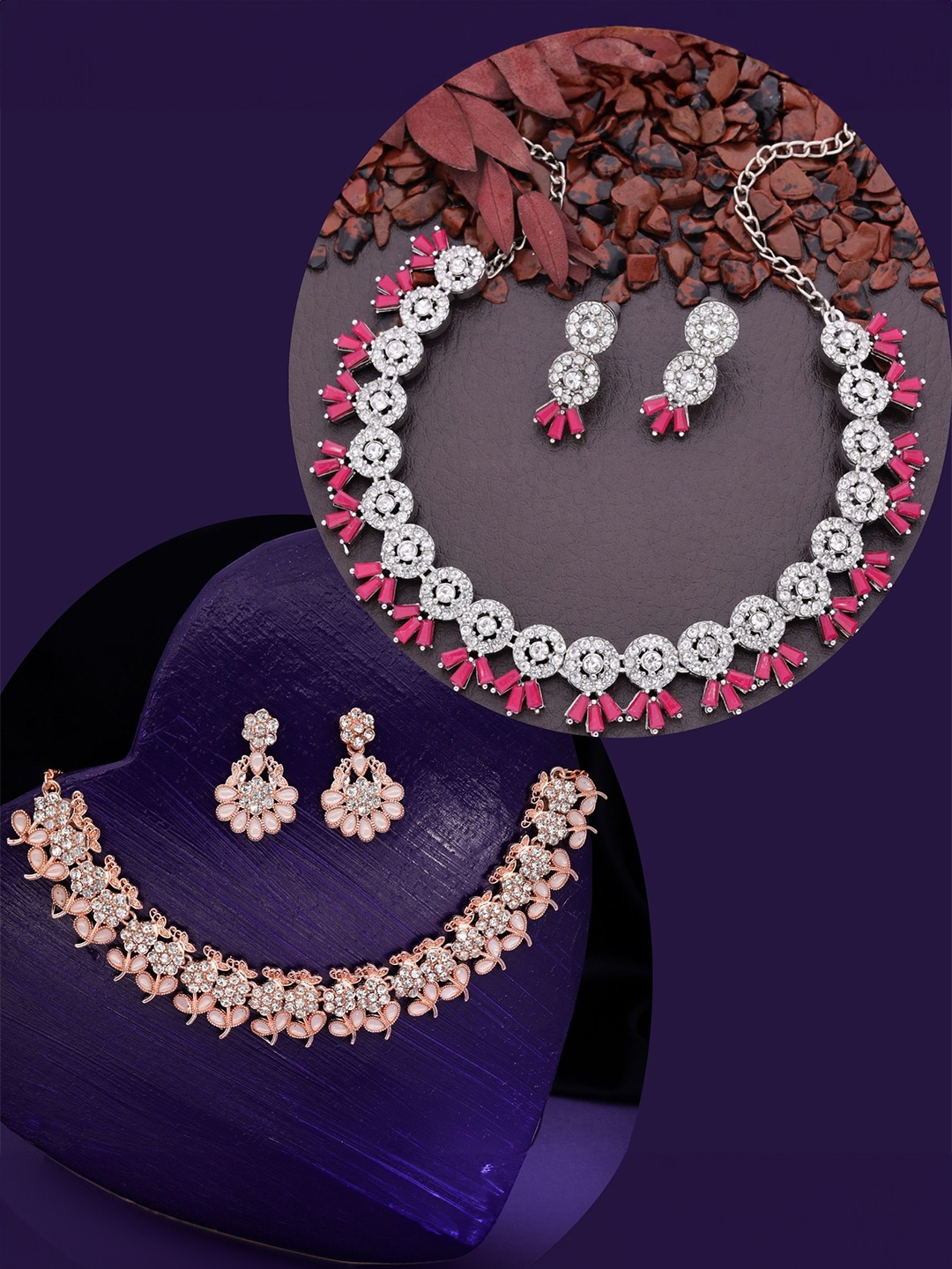 

DIVASTRI Set Of 2 Gold & Silver Plated Artificial Stones Studded Necklace And Earrings