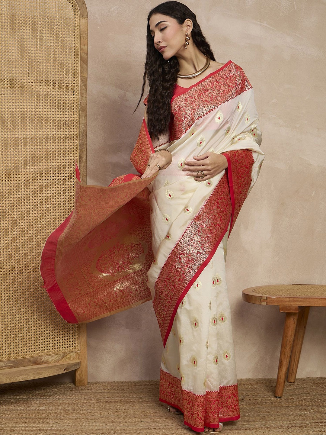 

all about you Ethnic Motifs Woven Design Zari Kanjeevaram Saree, Cream