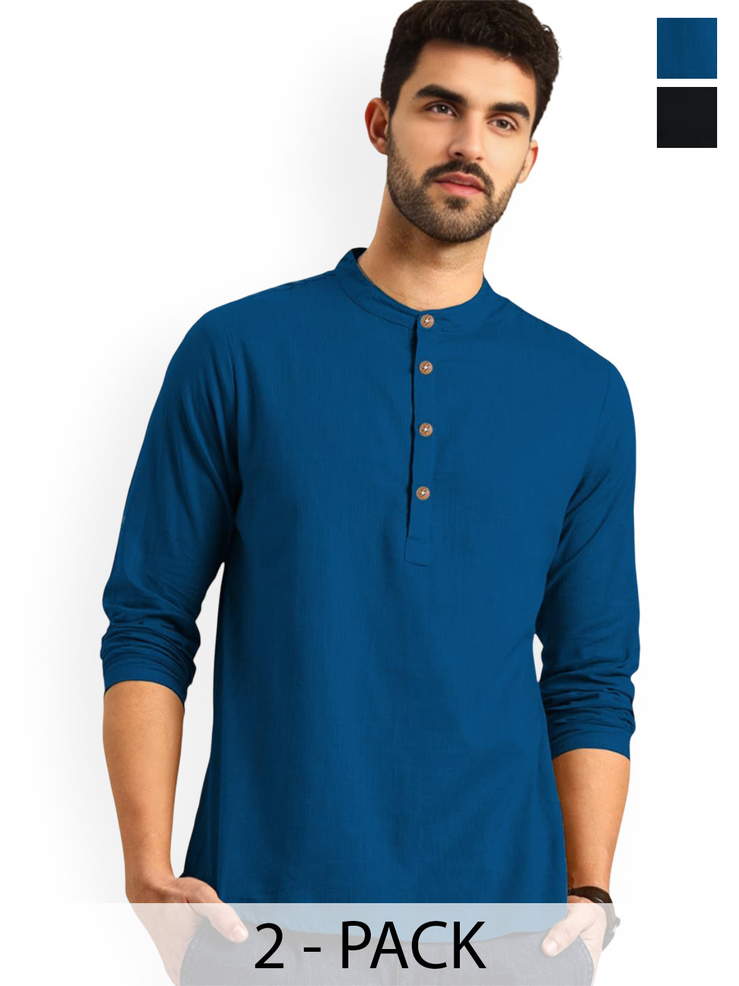 

Vida Loca Selection Of 2 Cotton Slim Fit Mandarin Collar Short Kurtas, Blue