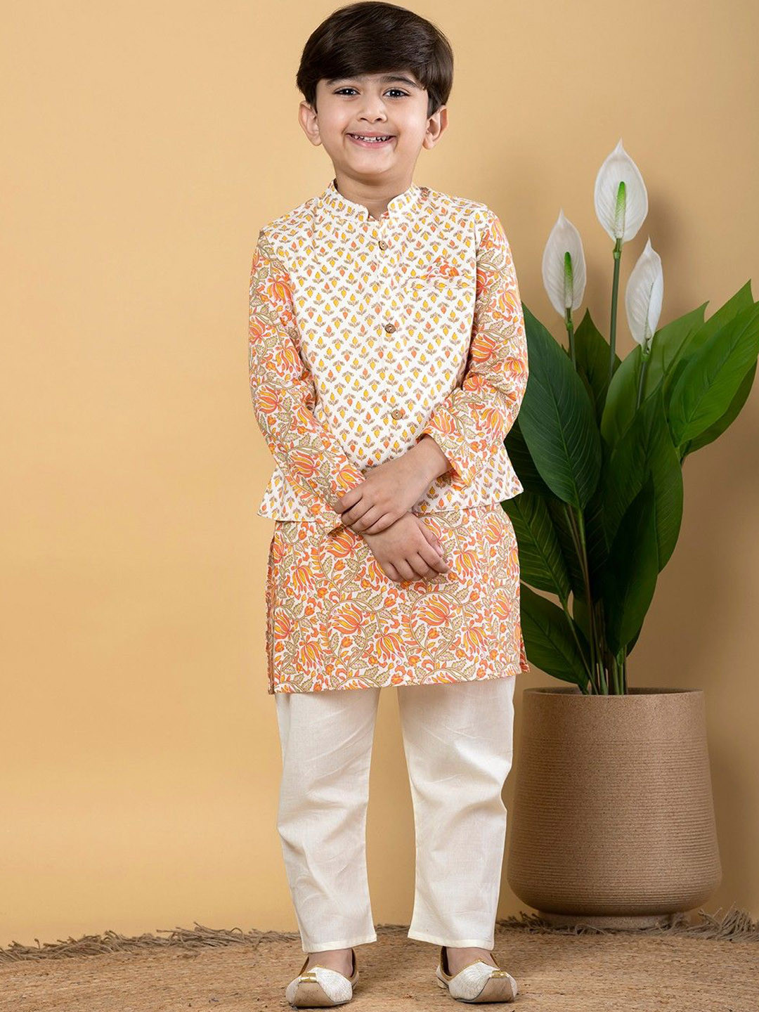 

Readiprint Boys Printed Mandarin Collar Pure Cotton Kurta with Trousers & Jacket, White