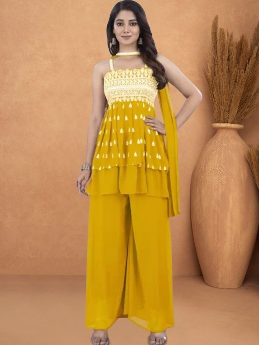 

PARROT CREATION Embroidered Straight Sequinned Kurti With Sharara And Dupatta, Yellow