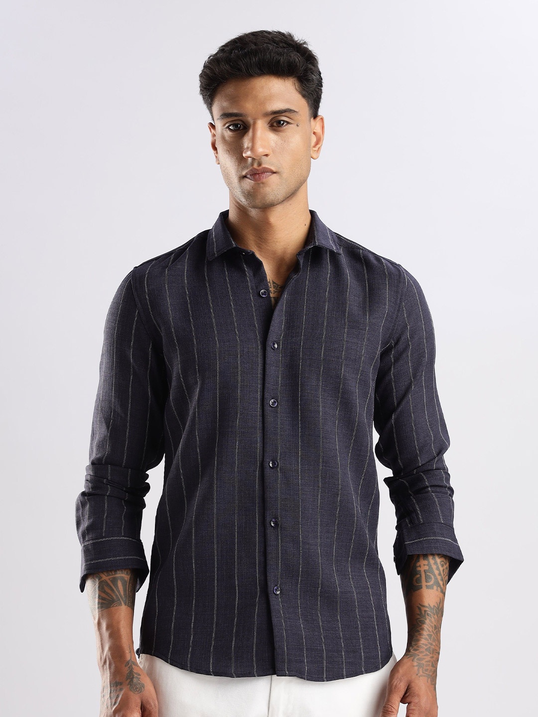 

NEVER NEUD Men Air Like Linen Stripes Regular Slim Fit Casual Shirt, Navy blue