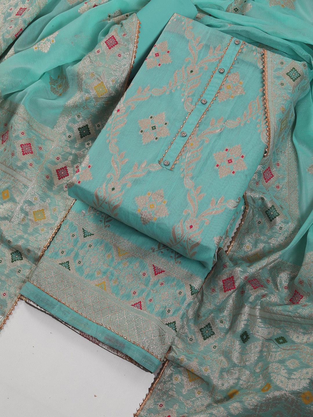 

Riti Ethnic Motifs Woven Design Gotta Patti Unstitched Dress Material, Blue