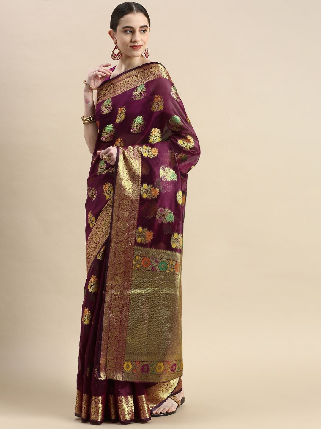 

DIVASTRI Ethnic Motifs Zari Organza Banarasi Saree, Purple
