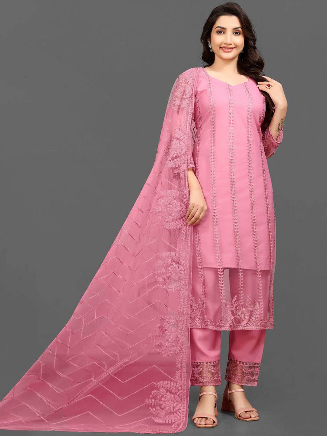 

Bought First Floral Embroidered Straight Thread Work Kurta With Trousers And Dupatta, Pink