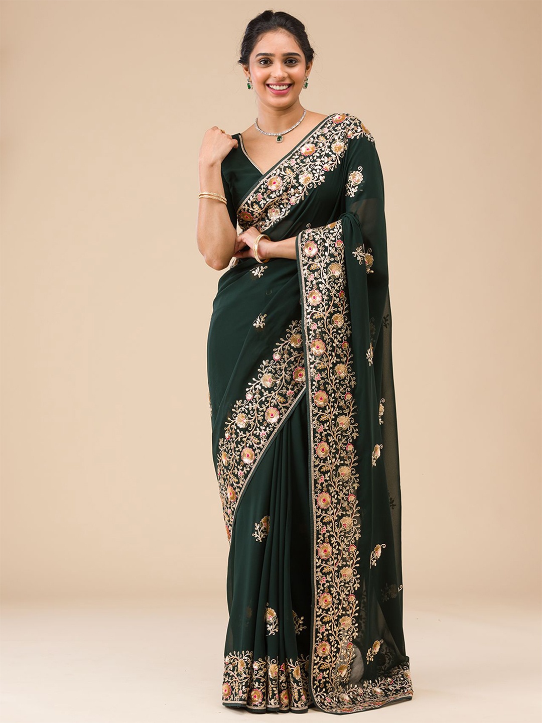 

Koskii Floral Embroidered Sequinned Saree, Green