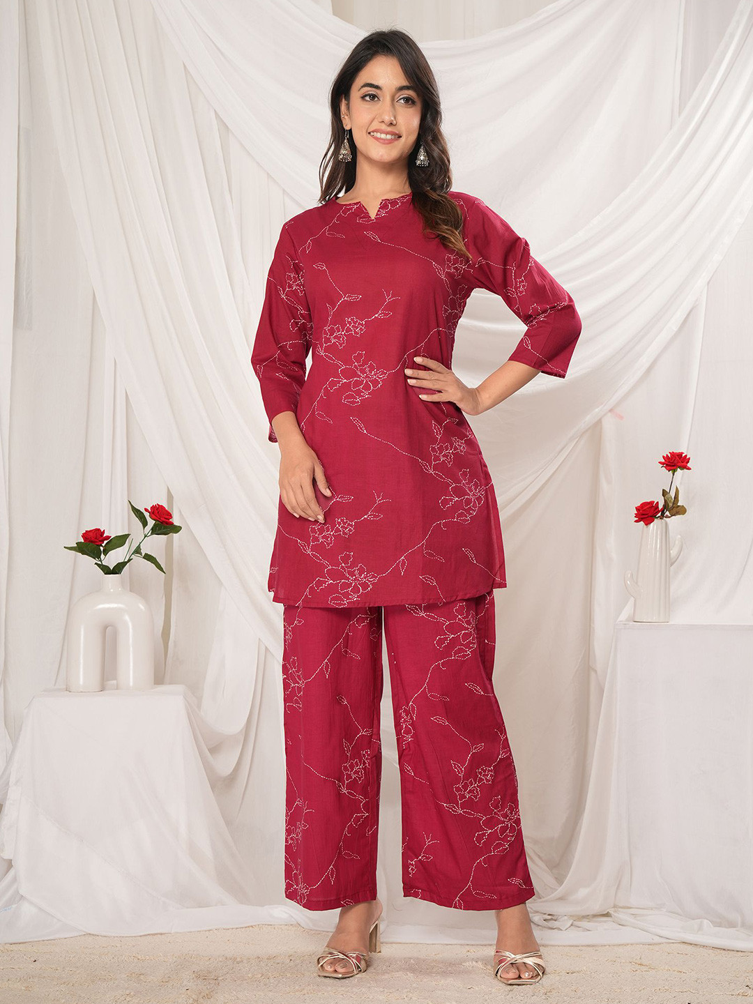 

Aaheli Printed Cotton Top With Palazzos, Red