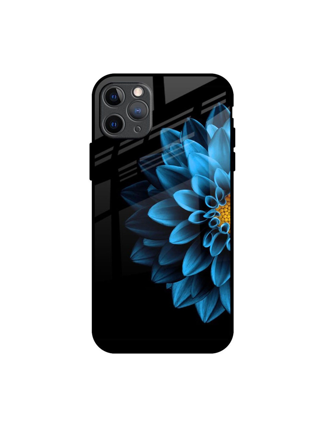 

QRIOH Half Blue Flower Real Printed iPhone 11 Pro Max Back Case, Black