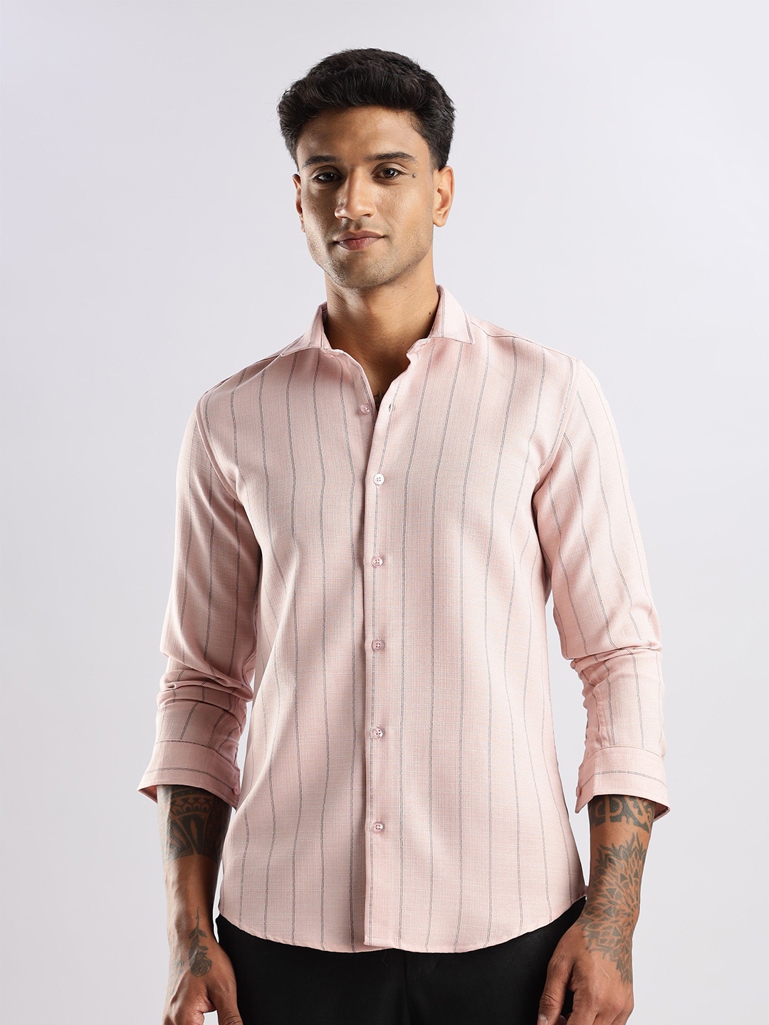 

NEVER NEUD Men Air Like Linen Stripes Regular Slim Fit Casual Shirt, Pink