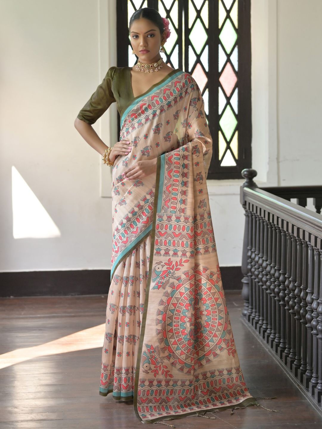 

DIVASTRI Kalamkari Printed Tussar Saree, Cream