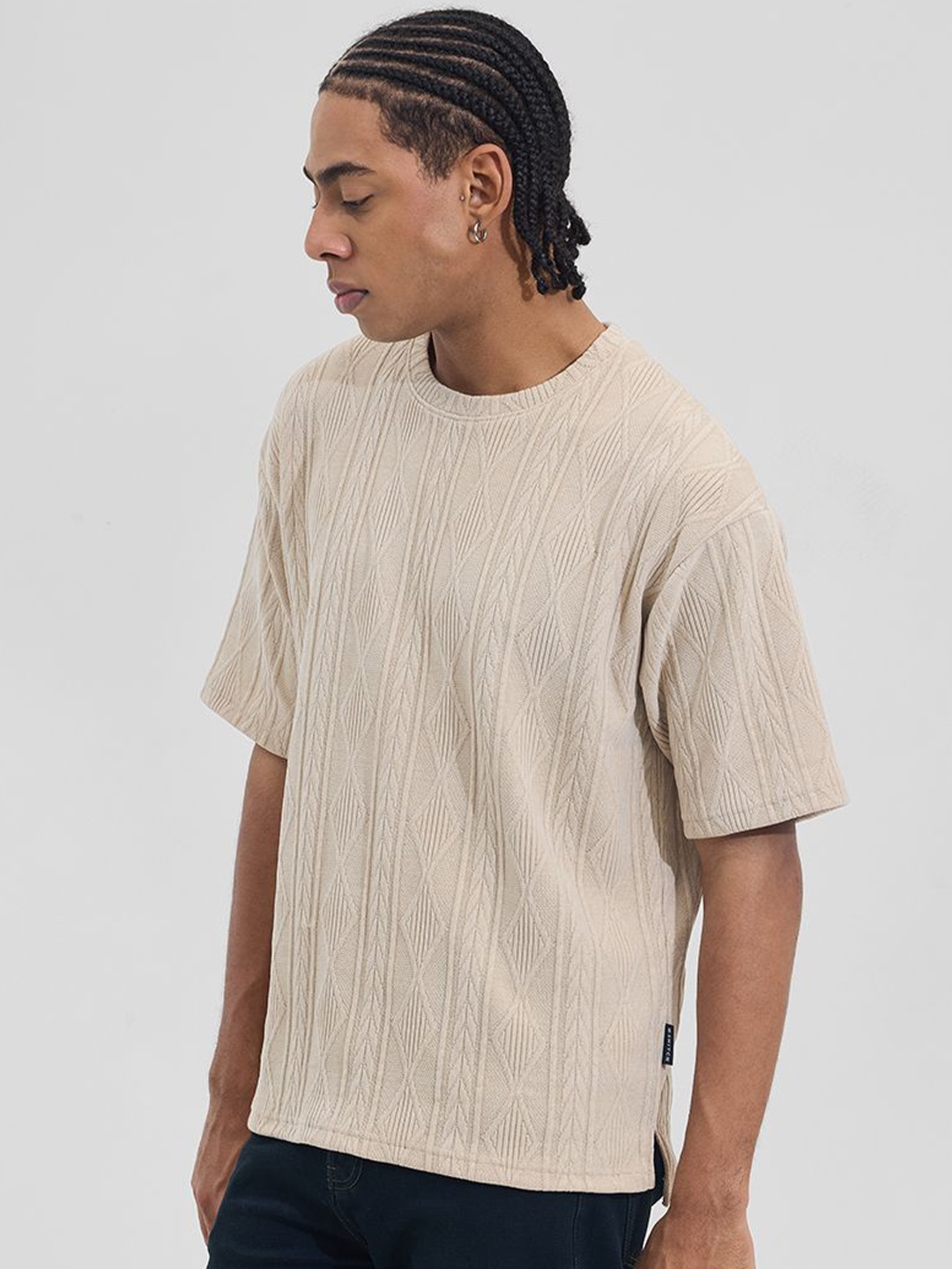 

Snitch Men Self Design Round Neck T-shirt, Beige