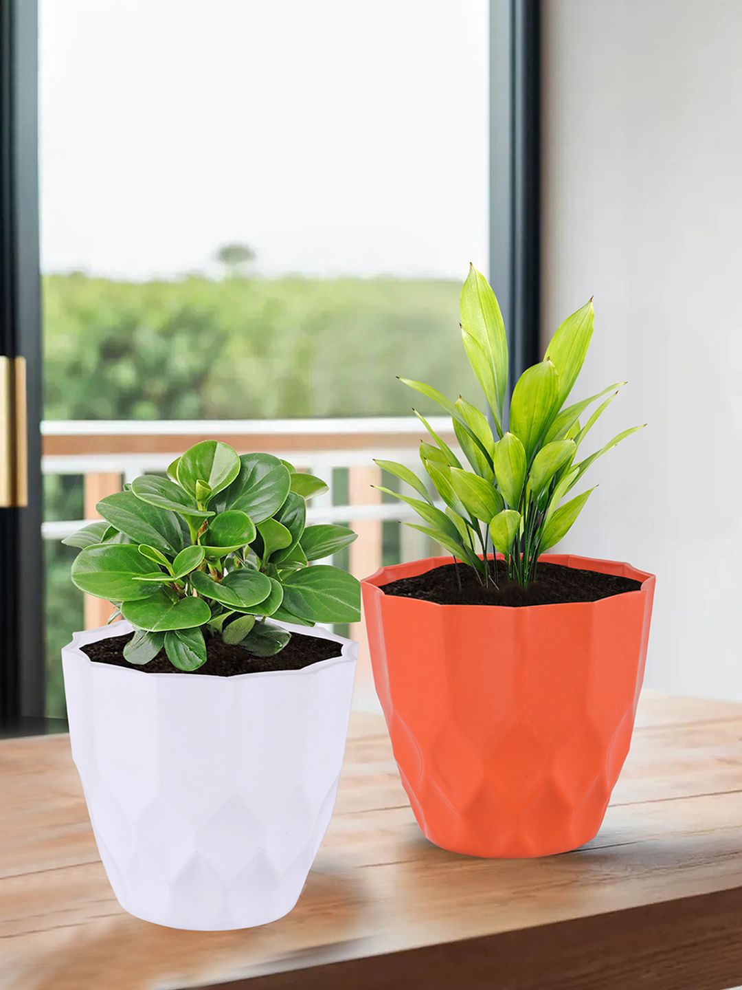 

Kuber Industries 2 Pieces White & Orange Colored Textured Planters