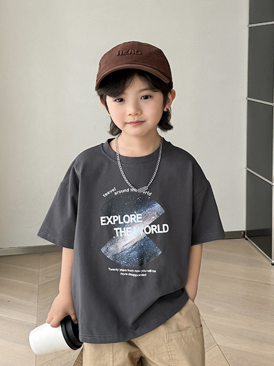 

LULU & SKY Boys Graphic Printed Round Neck Cotton Oversized T-shirt, Grey