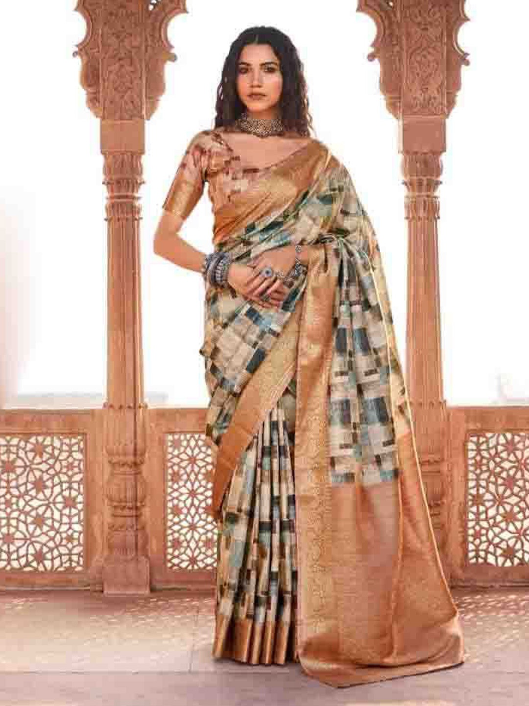 

Mitera Printed Zari Saree, Rust