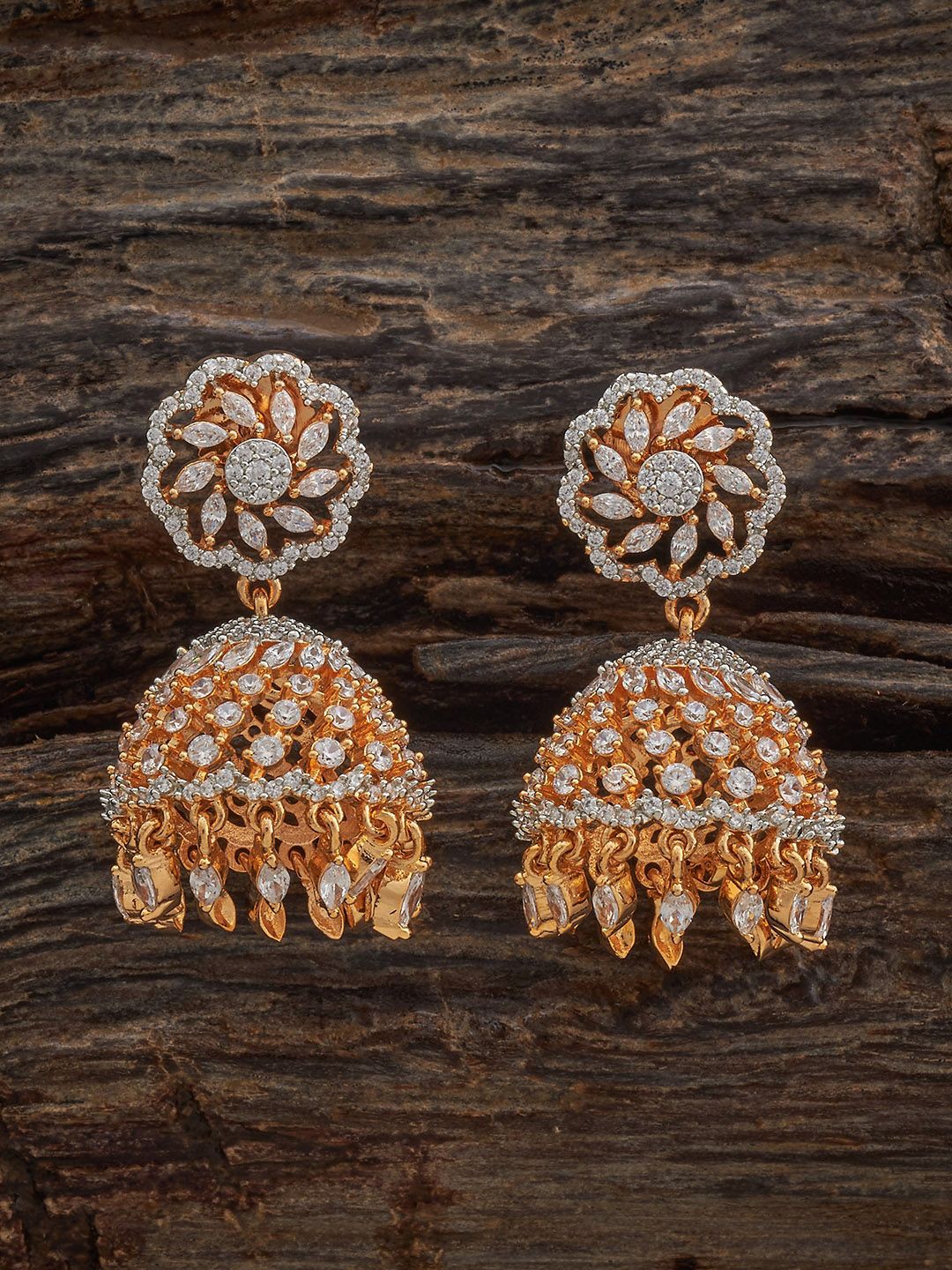 

Kushal's Fashion Jewellery Gold-Plated Dome Shaped Zircon Studded Jhumkas