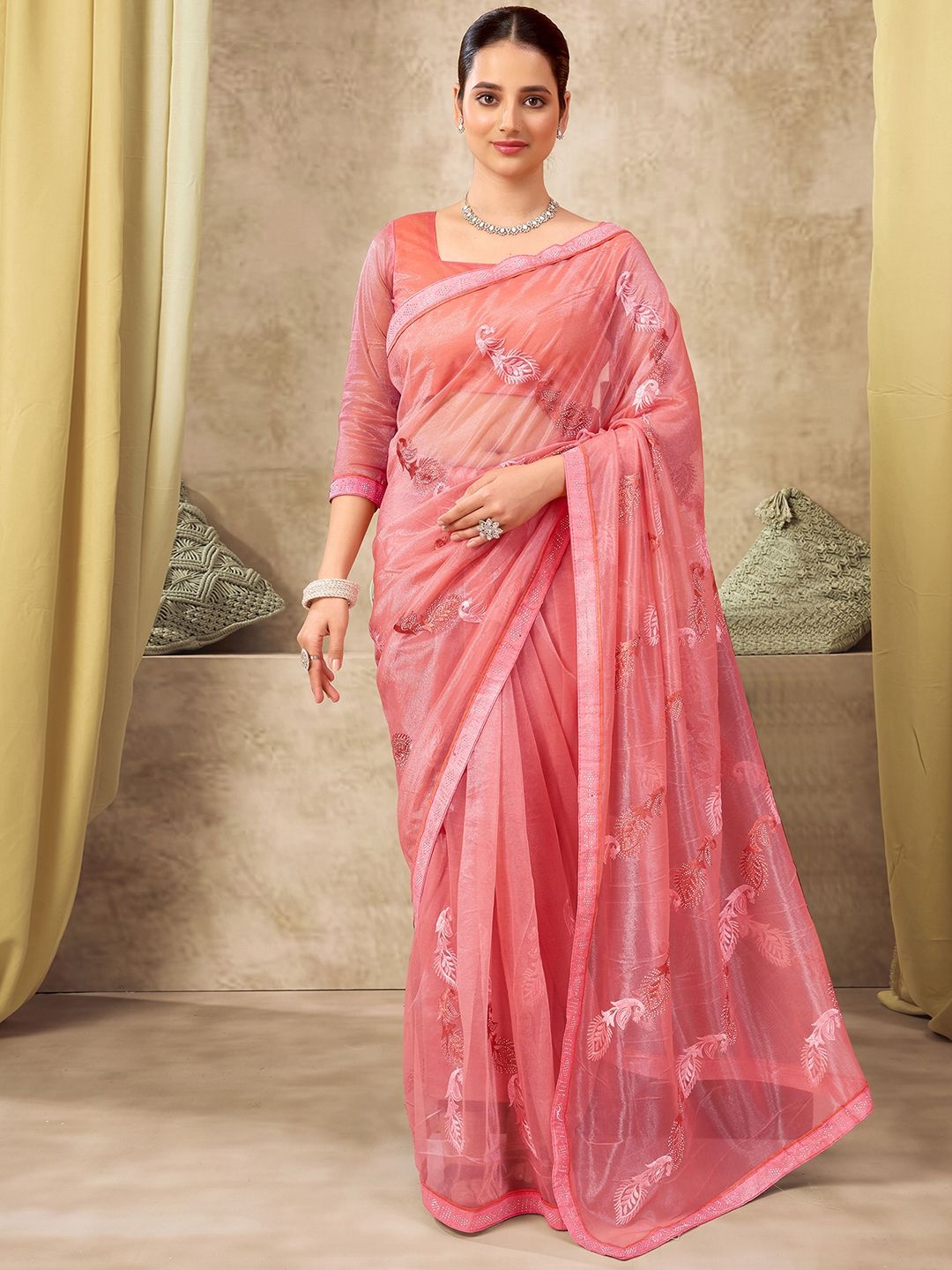 

Mitera Paisley Embroidered Supernet Saree, Peach