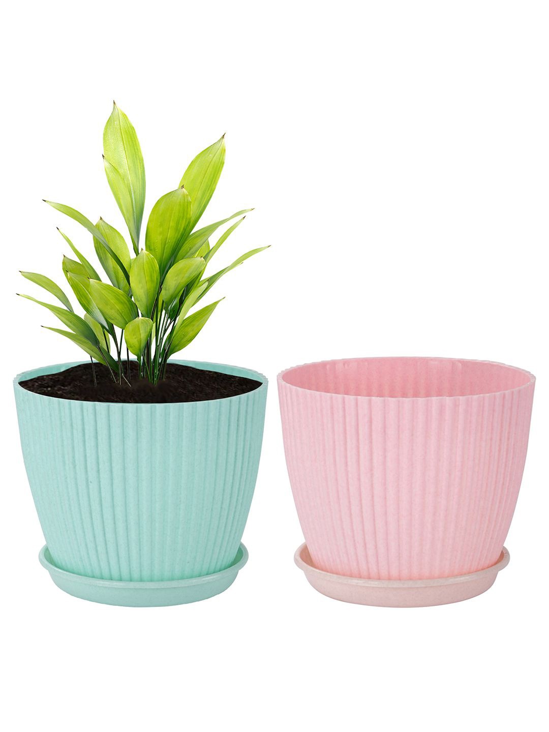 

Kuber Industries Pink & Blue 2 Pieces Textured Planters with Trays