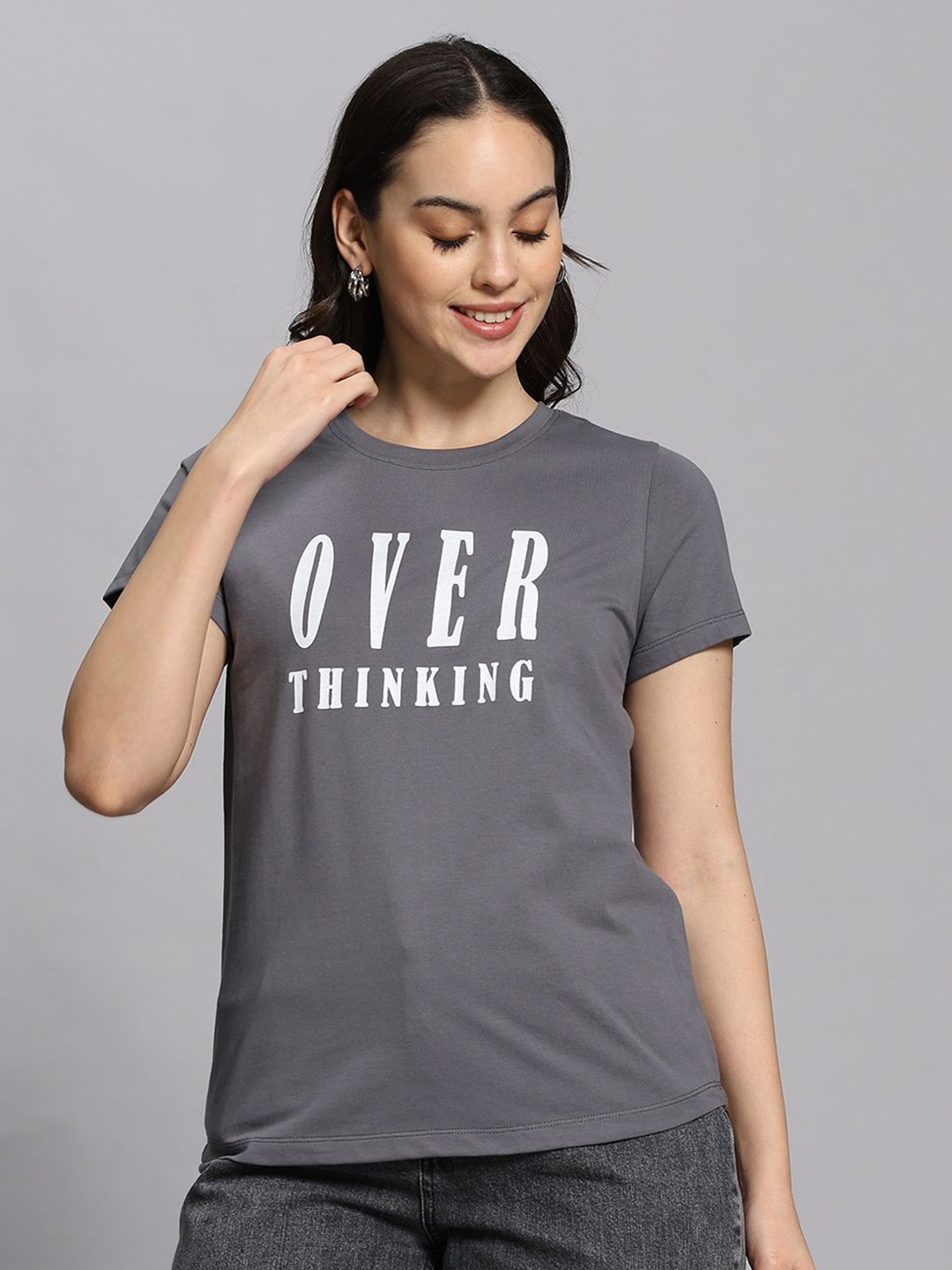 

COLORCART Women Dry Fit Typography Printed Round Neck Cotton T-shirt, Grey
