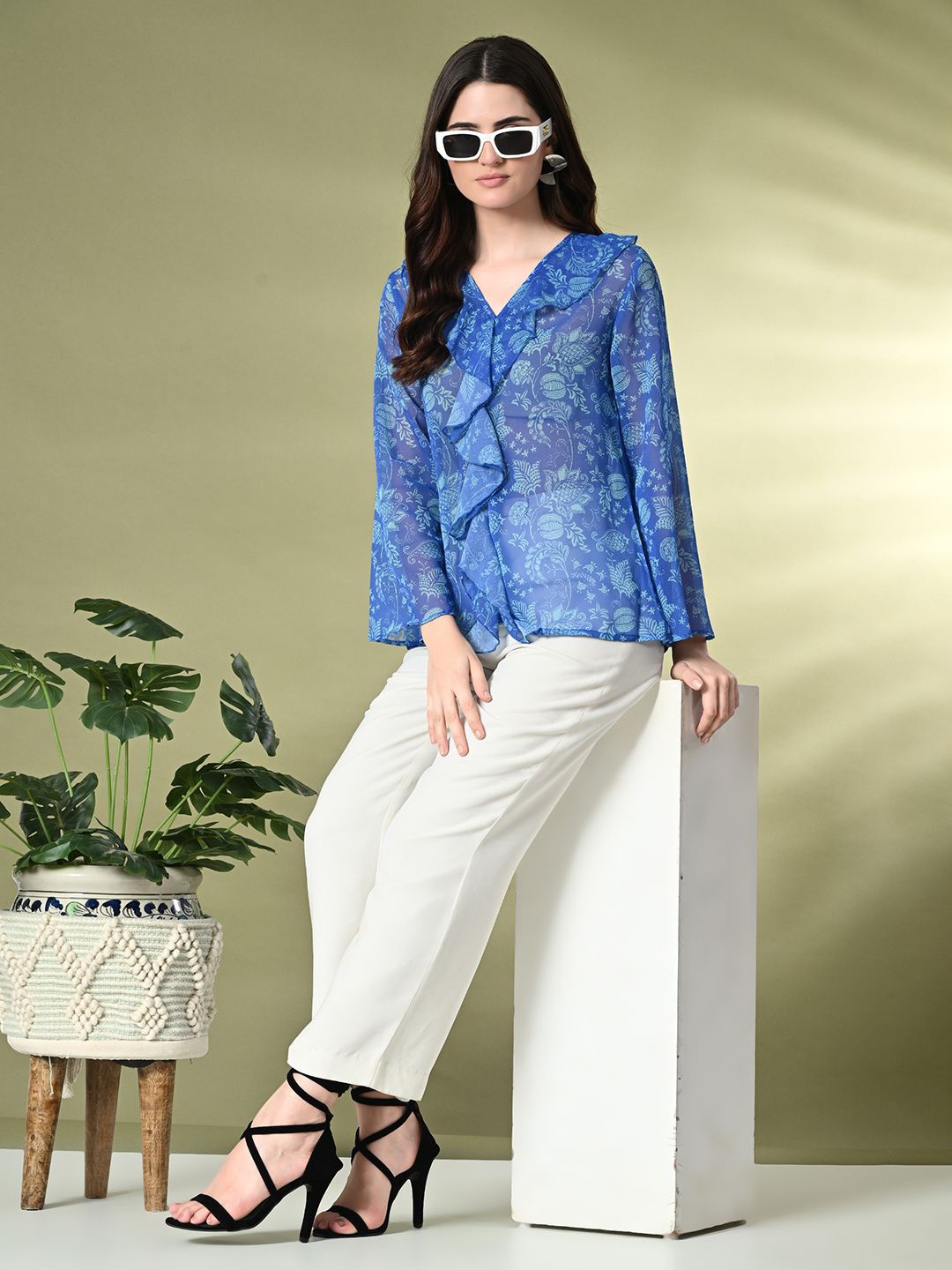 

KALINI Floral Print Bell Sleeve Ruffles Georgette Top, Blue