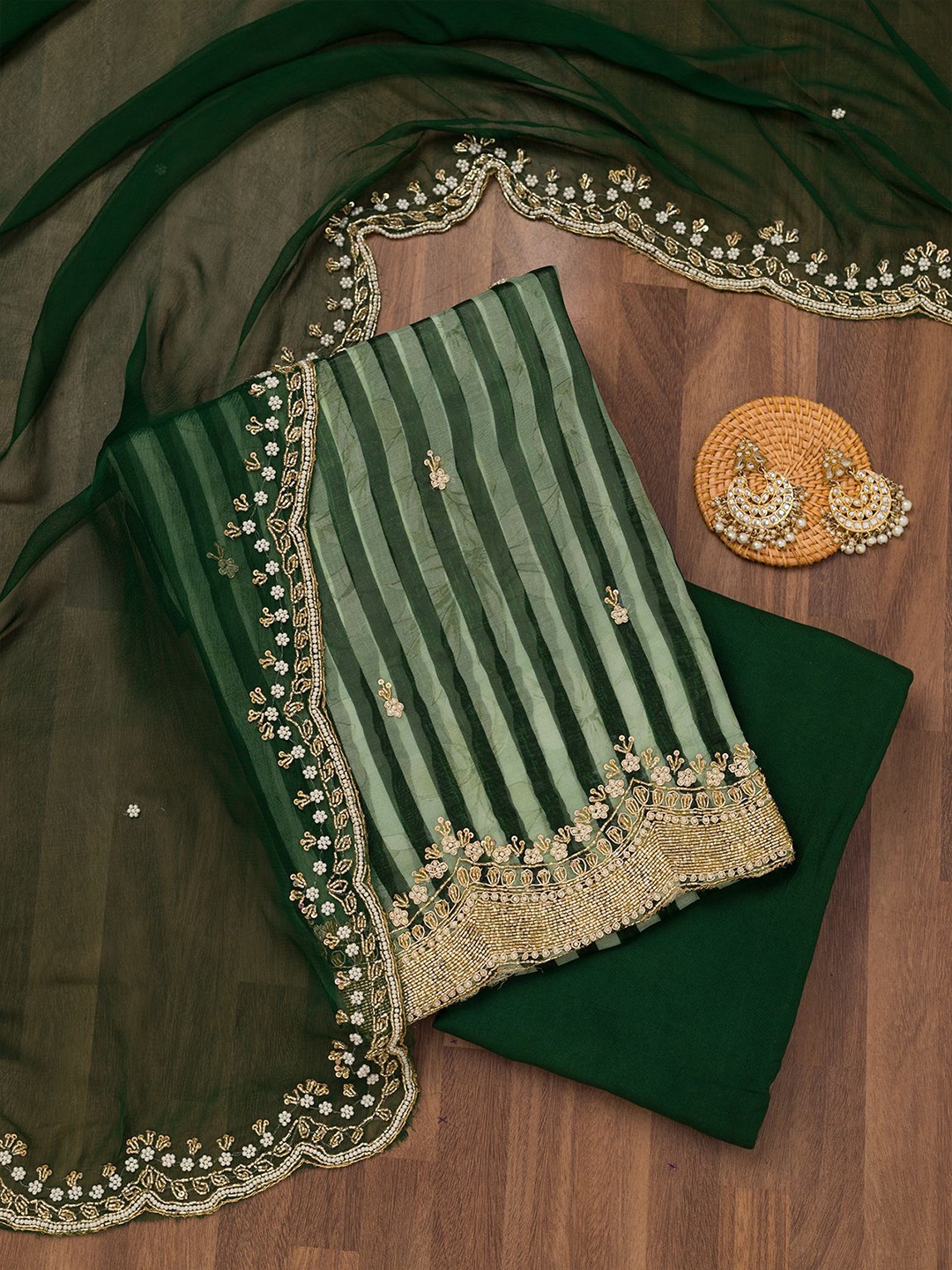 

Koskii Striped Embroidered Beads and Stones Unstitched Dress Material, Green